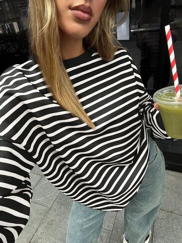 Trendy Queen Women's Oversized Crewneck Striped Sweatshirt in Saudi Arabia