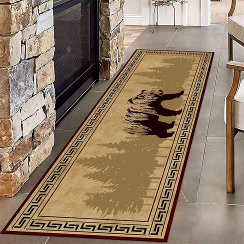 Lodge Cabin Black Bear Runner Rug, 2x6ft, Wildlife Bear Forest Woodland Hallway Rugs, Red and Black Buffalo Plaid Border Long Runner, Non-Slip Washable Farmhouse Floor Mats for Kitchen Bedroom in Saudi Arabia