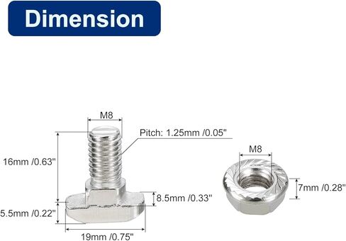 uxcell M8x30mm T فتحة مسمار منسدل ومجموعة M8 سداسية شفة صامولة، 10 مجموعات مطرقة رأس T-Bolt T شكل مسمار منزلق لـ 40 سلسلة من الألومنيوم in Kuwait