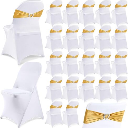 50 Pack Folding Chair Cover Set 25 Spandex Chair Covers 25 Stretch Chair Sashes with Heart Buckle Washable Chair Protector Chair Cover for Party Wedding Banquet Event Decoration, White, Gold in Saudi Arabia