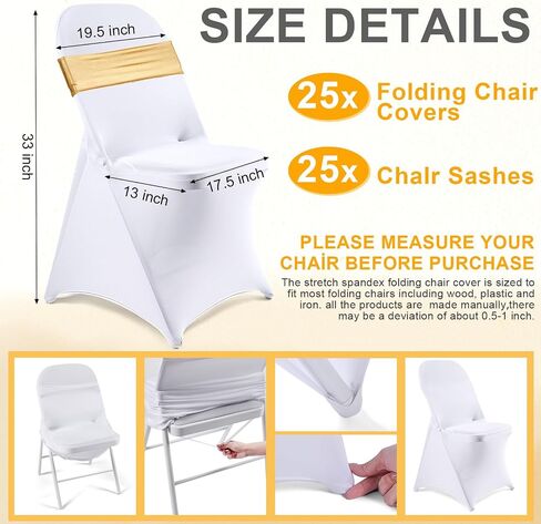 50 Pack Folding Chair Cover Set 25 Spandex Chair Covers 25 Stretch Chair Sashes with Heart Buckle Washable Chair Protector Chair Cover for Party Wedding Banquet Event Decoration, White, Gold in Saudi Arabia