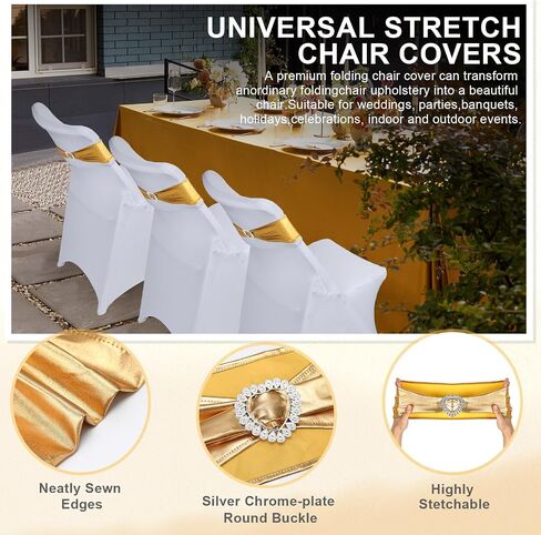 50 Pack Folding Chair Cover Set 25 Spandex Chair Covers 25 Stretch Chair Sashes with Heart Buckle Washable Chair Protector Chair Cover for Party Wedding Banquet Event Decoration, White, Gold in Saudi Arabia