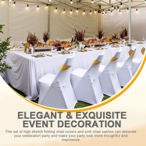 50 Pack Folding Chair Cover Set 25 Spandex Chair Covers 25 Stretch Chair Sashes with Heart Buckle Washable Chair Protector Chair Cover for Party Wedding Banquet Event Decoration, White, Gold in Saudi Arabia