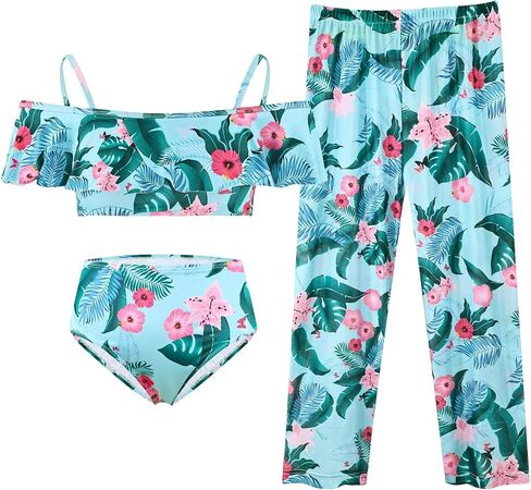 Girl 3pieces Bikini Swimsuit Set, Teen Girls Floral Print Bathing Quick Dry with Cover Up Pants in Saudi Arabia