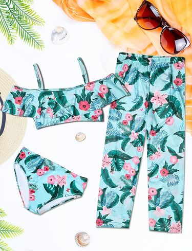 Girl 3pieces Bikini Swimsuit Set, Teen Girls Floral Print Bathing Quick Dry with Cover Up Pants in Saudi Arabia