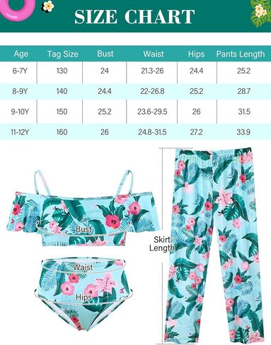 Girl 3pieces Bikini Swimsuit Set, Teen Girls Floral Print Bathing Quick Dry with Cover Up Pants in Saudi Arabia