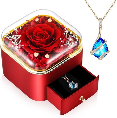 Preserved Rose with Necklace Real Foever Flowers Eternal Love Gifts for Girlfriend Wife Mom Grandma on Valentine's Day, Mother's Day, Christmas, Birthday, Thanksgiving, Wedding Red Box-Red water drop in Saudi Arabia
