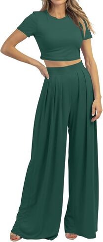 Cosonsen Women 2 Piece Outfits Summer Casual Short Sleeve Crop Tops Wide Leg Pants Lounge Set Tracksuit in Saudi Arabia