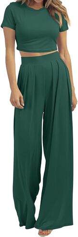 Cosonsen Women 2 Piece Outfits Summer Casual Short Sleeve Crop Tops Wide Leg Pants Lounge Set Tracksuit in Saudi Arabia