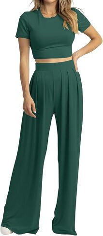 Cosonsen Women 2 Piece Outfits Summer Casual Short Sleeve Crop Tops Wide Leg Pants Lounge Set Tracksuit in Saudi Arabia