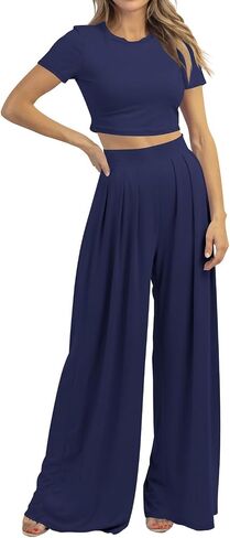 Cosonsen Women 2 Piece Outfits Summer Casual Short Sleeve Crop Tops Wide Leg Pants Lounge Set Tracksuit in Saudi Arabia