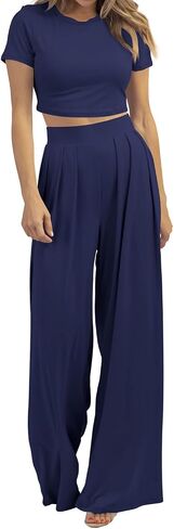 Cosonsen Women 2 Piece Outfits Summer Casual Short Sleeve Crop Tops Wide Leg Pants Lounge Set Tracksuit in Saudi Arabia