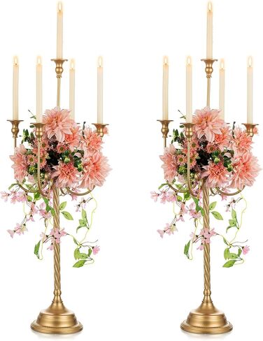 NUPTIO Gold Candelabra Candle Holders: 37 inch Tall 5 Arm Floor Standing Candlestick Holders Wedding Centerpieces for Tables Vintage Candle Stick Holder for Party Mantel Dining Center Pieces Decor in Saudi Arabia