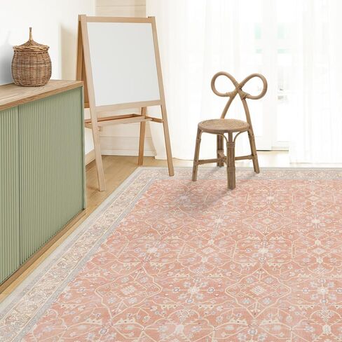 RUGGABLE Celestine Washable Rug - Vintage Area Rug for Living Room, Bedroom, Kitchen & Dorm Room - Pet & Child Friendly - Stain & Water Resistant - Soft & Durable, Coral 3'x5' (Standard Pad) in Saudi Arabia