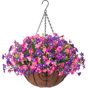 Artificial Hanging Flowers Basket for Patio Garden Porch Deck Spring Summer Decoration, Artificial Daisy Arrangement,Fake Plants in 12 inch Coconut Lining Basket for Outdoor/Indoor(Plum Purple) in Saudi Arabia