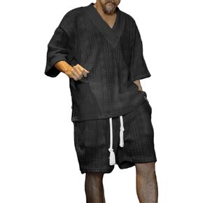 Men's 2 Piece Knitted Tracksuits Set, Summer Rolled Sleeve Shirt and Shorts Set, Athletic Workout Set