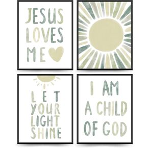 PLKMN Jesus Loves Me مطبوعات فنية جدارية، طفل الله، آيات الكتاب المقدس الملهمة بوهو ديكور الشمس لغرفة نوم الأطفال الصغار، هدايا للأطفال 10x8 بوصة مجموعة من 4 غير مؤطرة