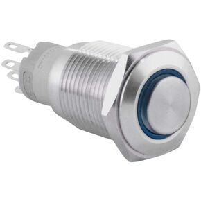 JacobsParts Latching Pushbutton ON/OFF Maintained Power Switch Circular Metal Silver with Blue LED fits 1-1/8" (28mm) Diameter Panel Cutout Hole