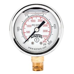 Winters 2" Dial Size, Liquid Filled Industrial Pressure Gauge, Brass Internals, 304 Stainless Steel Case, Dual Scale 0-1,000 psi/kPa, 2.5% Acc, 1/4" NPT Bottom Mount, Glycerin Filled Pressure Gauge