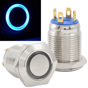 JacobsParts Momentary Pushbutton Starter Switch Stainless Steel Silver with Blue LED fits 1" (25mm) Diameter Panel Cutout Hole