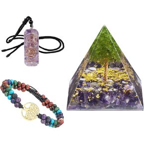 Rockcloud Tiger's Eye Set of 3 Healing Crystal Kit Tree Orgone Pyramid with Pendant Necklace and Bracelet for Chakra Balancing Meditation and Crystal Grids