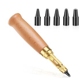 Adjustable Screw Hole Punch Automatic Hole Punch Tool with Wooden Handle Bookbinding Tool leather Hole Punch with 6 Tips Size 1.5mm/2mm/2.5mm/3mm/3.5mm/4mm