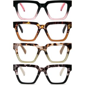 Modern Square Reading Glasses 4 Pack Oversized Eye Glasses Blue Light Blocking Eyestrain Relief