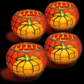 SHMILMH Fall Votive Candle Holder Set of 4, Mosaic Glass tealight Holders with Maple Leave for Halloween Thanksgiving Party Decorations