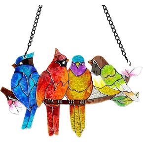 Stained Glass Window Hanging,Birds On A Branch Stained Glass Ornament,Hanging Four Birds Stained Hand Painted Glass Window Decoration Sun Catcher for Home Decor (Hummingbird type)