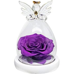 Preserved Real Flower Rose in a Glass Angel Statue Cover，Immortality Rose，Desktop Decoration a Gift for Mother’s Day Christmas Valentine’s Day Anniversary Girlfriend Birthday Women (Pink)