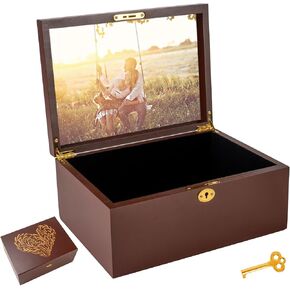 Larger Wooden Memory Keepsake Boxes With Hinged Lids and Lock Photo Frame Inside The Lid - Decorative Storage Box With a Hinge Lids and Lock For Picture Letter Time Capsule - 5.3“*8.6"*11.7“ Black