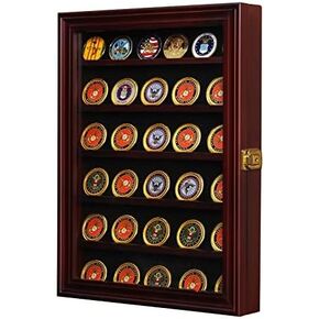 Lockable Military Challenge Coin Display Case Holder Medal Shadow Box Cabinet Rack with Removable Shelves and Anti-Fade Acrylic Glass Door for Wall Mount (Black)