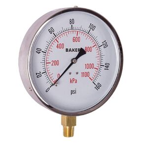 AVND Series Stainless Steel Dual Scale Pressure Gauge, 0 to 160 psi / kPa, 4.5" Dial, +/-1% Accuracy, 1/4" NPT Bottom Mount with NIST Calibration Certificate