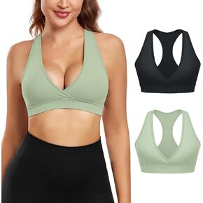 VEQKING Racerback Sports Bra for Women Crossover Deep V-neck Light Support Bralette, A-C Cup, Pack of 2