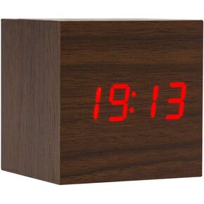 Lancoon Wooden Alarm Clock - Mini Cube LED Digital Clock with Time/Date/Temperature Display, 3 Levels Brightness and Voice Control Great for Home Office Travel - AC10Brown_Red