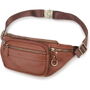 Fanny Pack Genuine Leather Waist Bag for Men Women Loyofun Vintage Hip Bum Bag with 6 Zippered Pockets for Outdoor Traveling Hiking Running (Black)