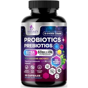 Daily Probiotic and Prebiotic Supplement 60 Billion CFU Capsule for Women & Men - 10 Diverse Strains - Acidophilus Prebiotics & Probiotics for Digestive Gut & Immune Health Support - 120 Capsules