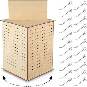 Wooden Rotating Display Stand 4 Sided Revolving Jewelry Display with Heavy Duty Pegboard Hooks, Keychain Display Rack 360° Rotating Pegboard Stand for Craft Shows (4.7 x 4.7 x 11.8 Inch)
