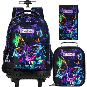 3PCS Soccer Rolling Backpack for Boys, Kids School Backpacks with Wheels, Water Resistant Roller Wheeled Bookbag Set with Lunch Box