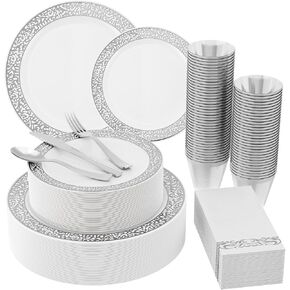 210 Count Gold Plastic Dinnerware, Gold Disposable Plates, Includes: 30 Dinner Plates 30 Dessert Plates & 30 Cups & 30 Gold Paper Napkins & 30 Plastic Silverware Set