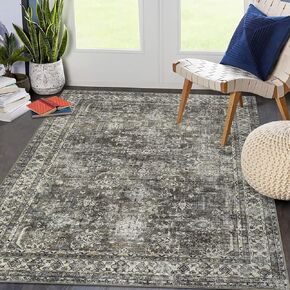 GAOMON Tribal Rug 9x12 Large Vintage Rug Washable Rug Oriental Floral Print Farmhouse Thin Rug Non Slip Backing Foldable Rug Indoor Bedroom Rug Carpet Low Pile Non-Shedding Throw Carpet Antique Blue