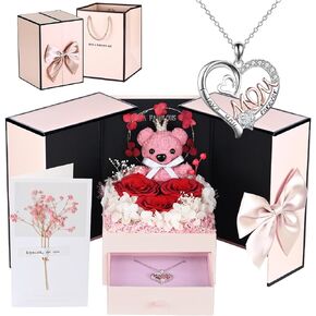 Preserved Flowers Rose with MOM Silver Necklace Birthday Gifts for Mom from Daughter and Son Birthday for Her (Pink)