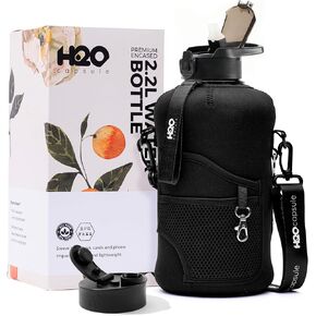H2O Capsule 2.2L Half Gallon Water Bottle with Storage Sleeve and Removable Straw – BPA Free Large Reusable Drink Container with Handle - Big Sports Jug, 2.2 Liter (74 Ounce), Black Leopard