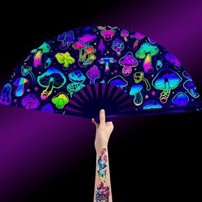 UV Glow Large Rave Bamboo Folding Clack Hand Fan for men/women Handheld Fan Decorative Folding Fans for EDM, Music Festival,Club,Freaky,Event,Party,Dance,Performance,Gift(Human)