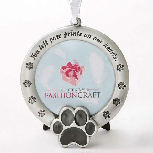 FASHIONCRAFT Pet Memorial Ornament Departed Paw Prints You Left Paw Prints On Our Hearts Round Metal Photo Frame Velvet Easel Back & Gift Box Table Top Remembrance Pewter Finish Dog, Cat in Saudi Arabia