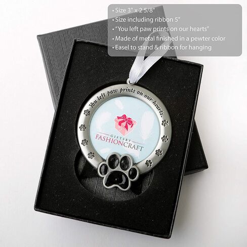 FASHIONCRAFT Pet Memorial Ornament Departed Paw Prints You Left Paw Prints On Our Hearts Round Metal Photo Frame Velvet Easel Back & Gift Box Table Top Remembrance Pewter Finish Dog, Cat in Saudi Arabia