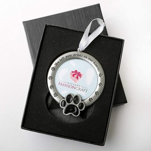 FASHIONCRAFT Pet Memorial Ornament Departed Paw Prints You Left Paw Prints On Our Hearts Round Metal Photo Frame Velvet Easel Back & Gift Box Table Top Remembrance Pewter Finish Dog, Cat in Saudi Arabia