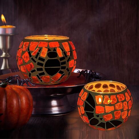 SHMILMH Fall Votive Candle Holder Set of 4, Mosaic Glass tealight Holders with Maple Leave for Halloween Thanksgiving Party Decorations in Saudi Arabia