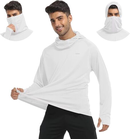 Mens Long Sleeve Sun Shirt with Hood Mask UPF SPF UV Protection for Hiking Fishing Kayaking Summer Outdoor Activities in Kuwait