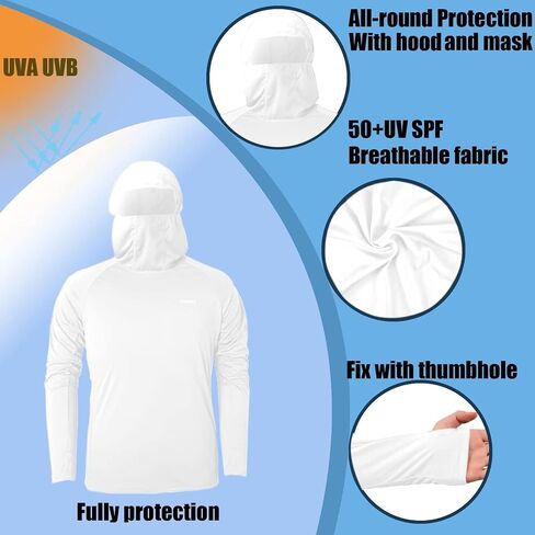 Mens Long Sleeve Sun Shirt with Hood Mask UPF SPF UV Protection for Hiking Fishing Kayaking Summer Outdoor Activities in Kuwait